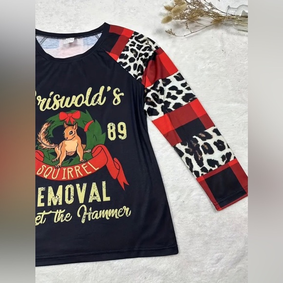 Womens Christmas Plaid & Leopard Print Squirrel Removal Long Sleeve T-Shirt - Picture 4 of 11